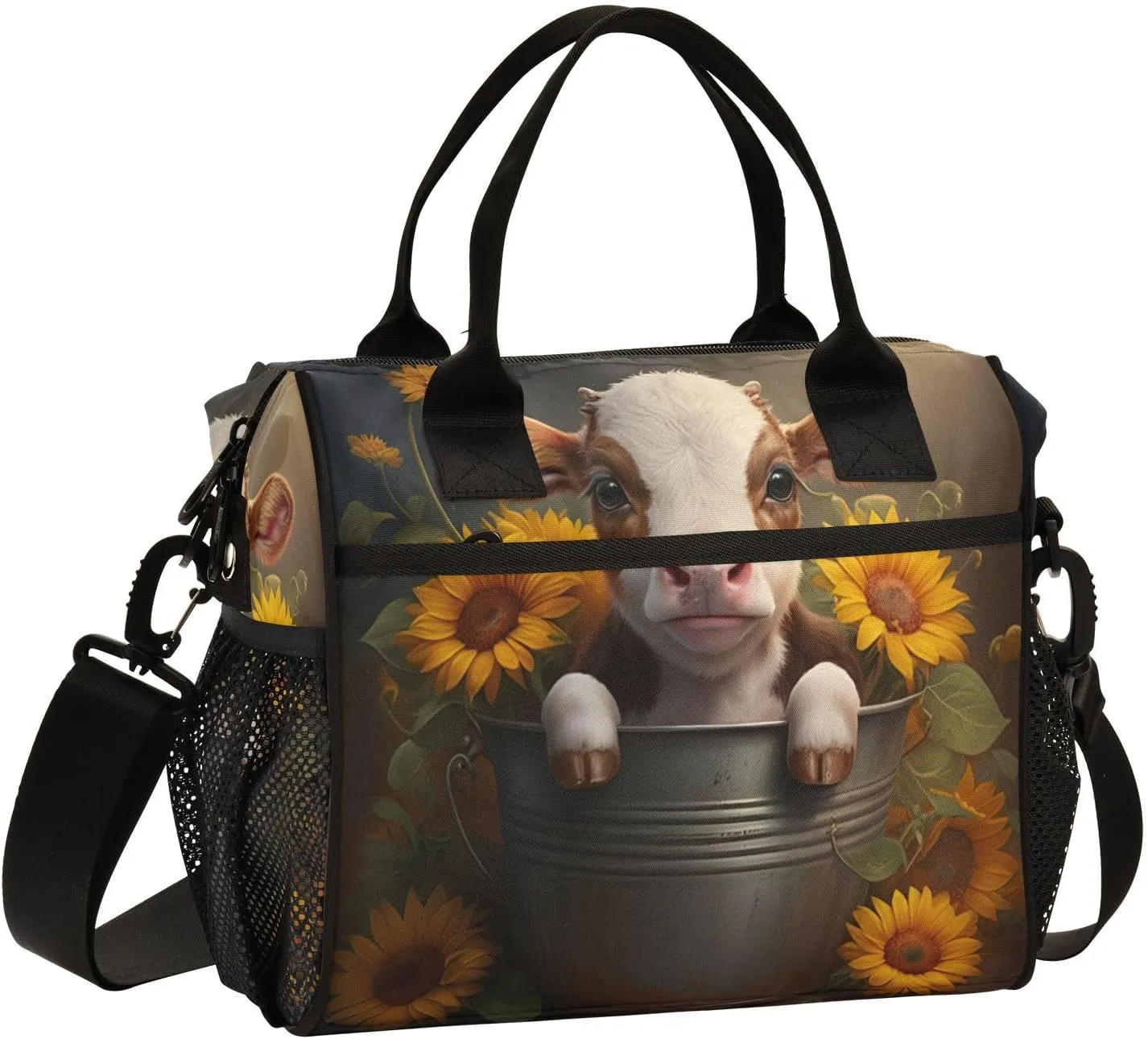 Calf Sunflowers Dark Brown Lunch Bag for Women Insulated Cooler Bag with Adjustable Shoulder Strap for Hiking Men S