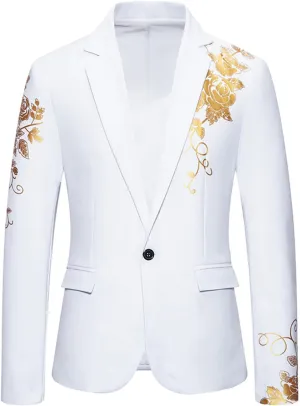 Cambkatl Mens Luxurious Gold Bronzing Blazers Slim Fit Long Sleeve Suit Jacket Sport Coats for Wedding Formal Business