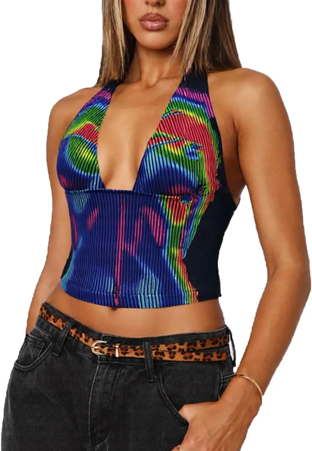 CAPE CLIQUE Rave Outfits for Womens Y2K Rave Tops Sexy Going Out Body Print Baby tee Summer Festival Sleeveless Cami Tank Top