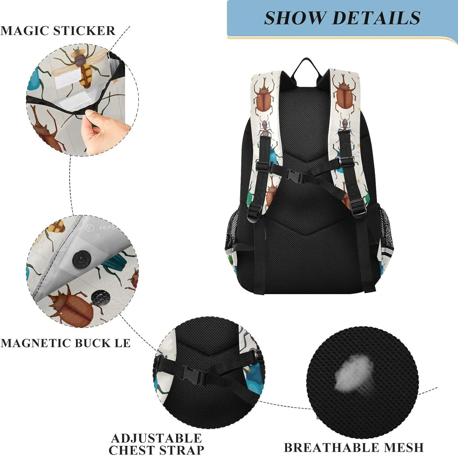 Cartoon Insect Bug School Backpack Laptop Travel Daypack for Kids Girls Boys, Personalized Computer Notebooks Bookbag with Adjustable Padded Straps