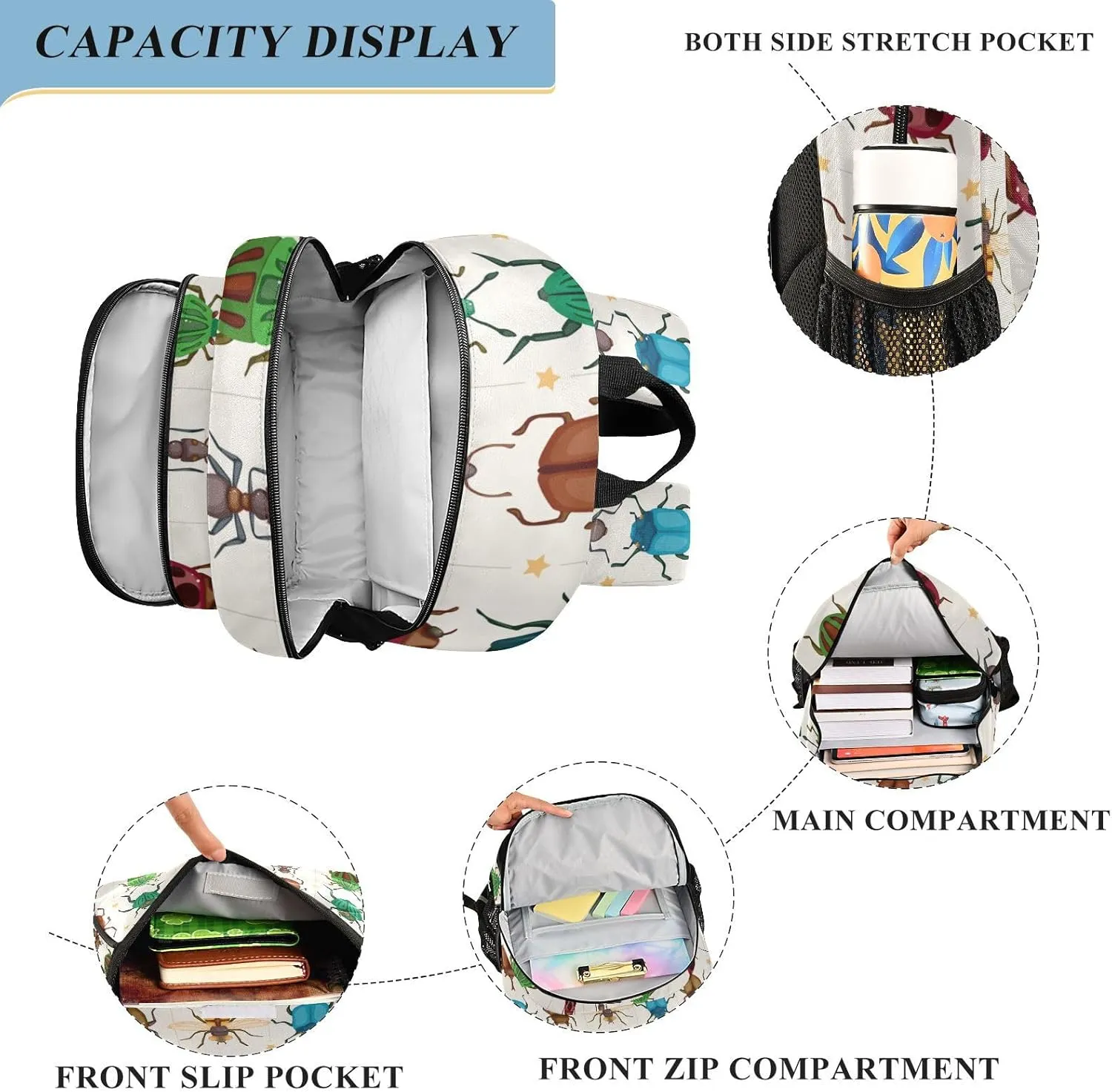 Cartoon Insect Bug School Backpack Laptop Travel Daypack for Kids Girls Boys, Personalized Computer Notebooks Bookbag with Adjustable Padded Straps