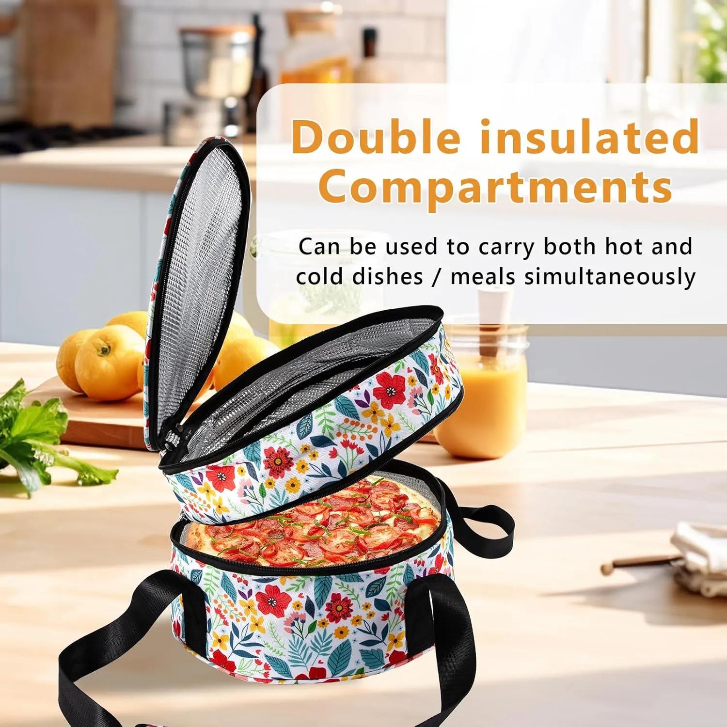 Casserole Carrier,12.5 Pie Carrier, Insulated Casserole Carrier Storage Bag with Carry Handles, 2 Compartments Insulated Lunch Bag Potluck Carrier Salad Bowl Holder (Floral)