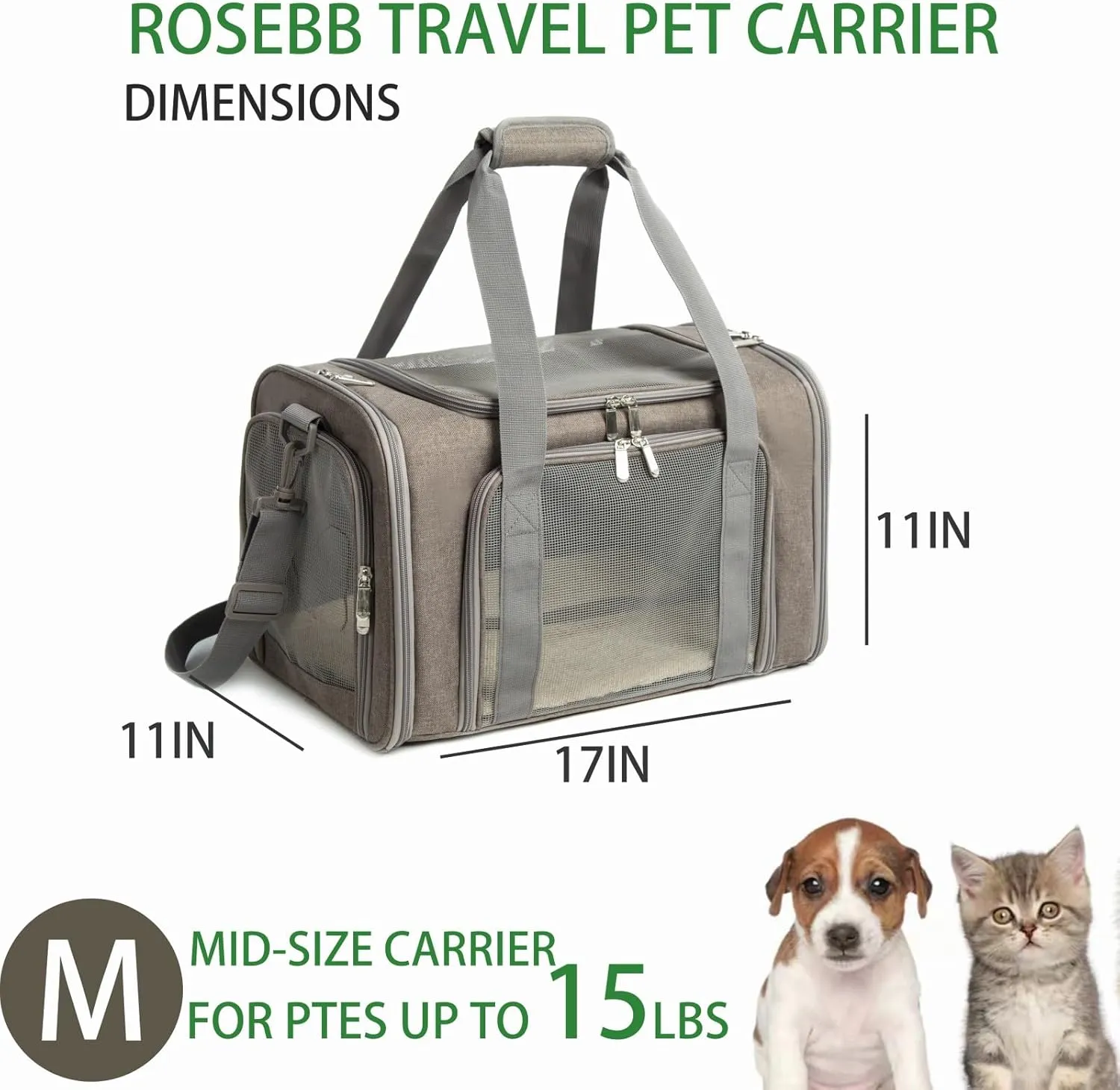 Cat Carrier Dog Carrier Pet Carrier Cat Bags for Small Medium Cats Dogs Puppies of 15 Lbs,of Airline Approved Small Dog Bag Soft Sided,Collapsible Travel Puppy Carrier (Medium, Grey)
