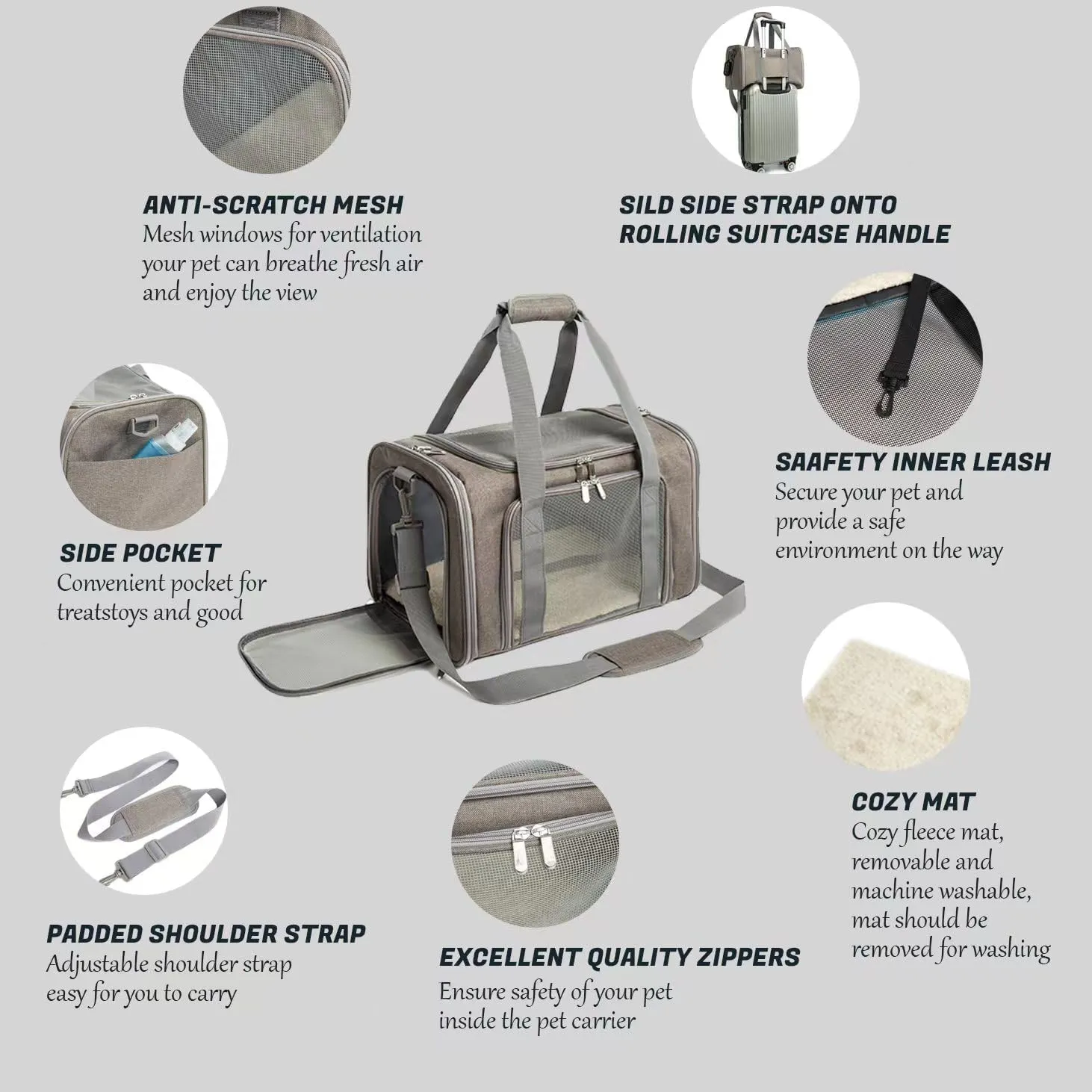 Cat Carrier Dog Carrier Pet Carrier Cat Bags for Small Medium Cats Dogs Puppies of 15 Lbs,of Airline Approved Small Dog Bag Soft Sided,Collapsible Travel Puppy Carrier (Medium, Grey)