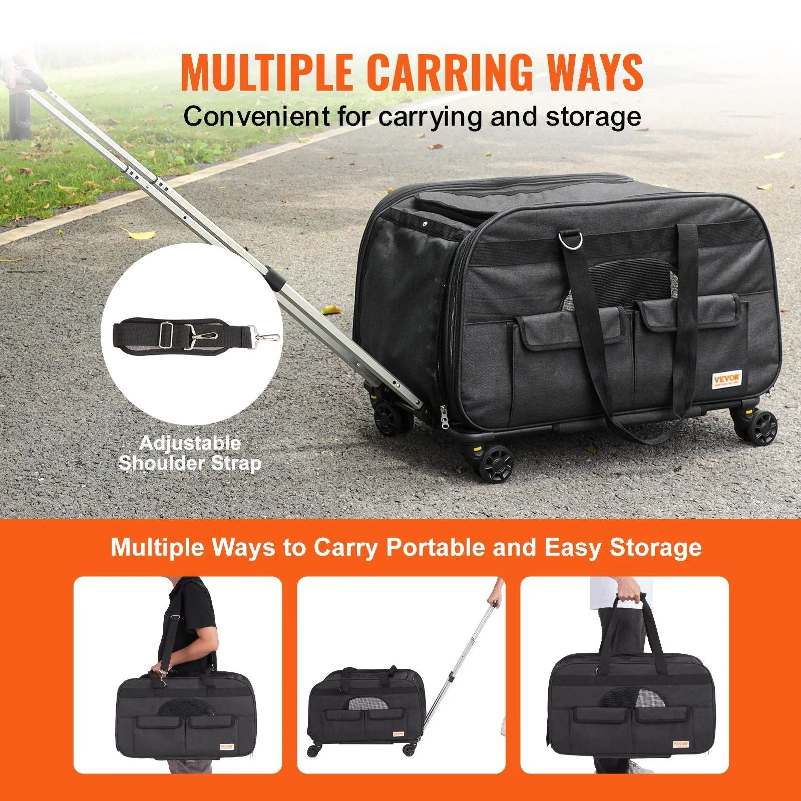 Cat Carrier with Wheels, Rolling Pet Carrier with Telescopic Handle and Shoulder Strap, Dog Carrier with Wheels for Pets under 35 lbs, with 1 Folding Bowl, Black