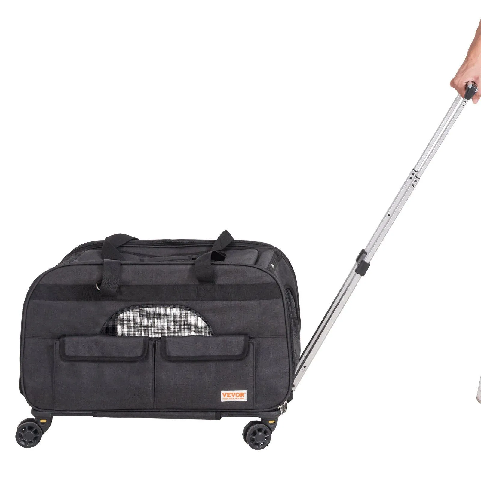 Cat Carrier with Wheels, Rolling Pet Carrier with Telescopic Handle and Shoulder Strap, Dog Carrier with Wheels for Pets under 35 lbs, with 1 Folding Bowl, Black