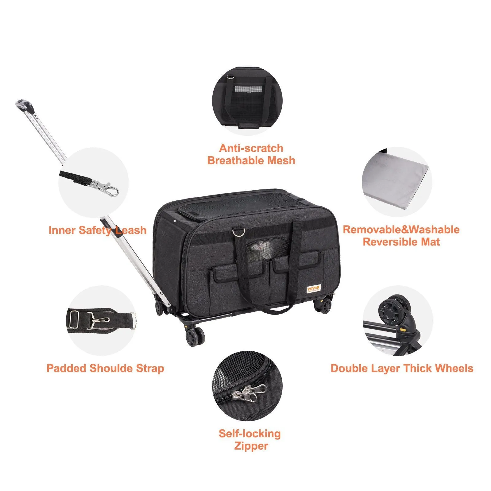 Cat Carrier with Wheels, Rolling Pet Carrier with Telescopic Handle and Shoulder Strap, Dog Carrier with Wheels for Pets under 35 lbs, with 1 Folding Bowl, Black