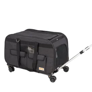 Cat Carrier with Wheels, Rolling Pet Carrier with Telescopic Handle and Shoulder Strap, Dog Carrier with Wheels for Pets under 35 lbs, with 1 Folding Bowl, Black