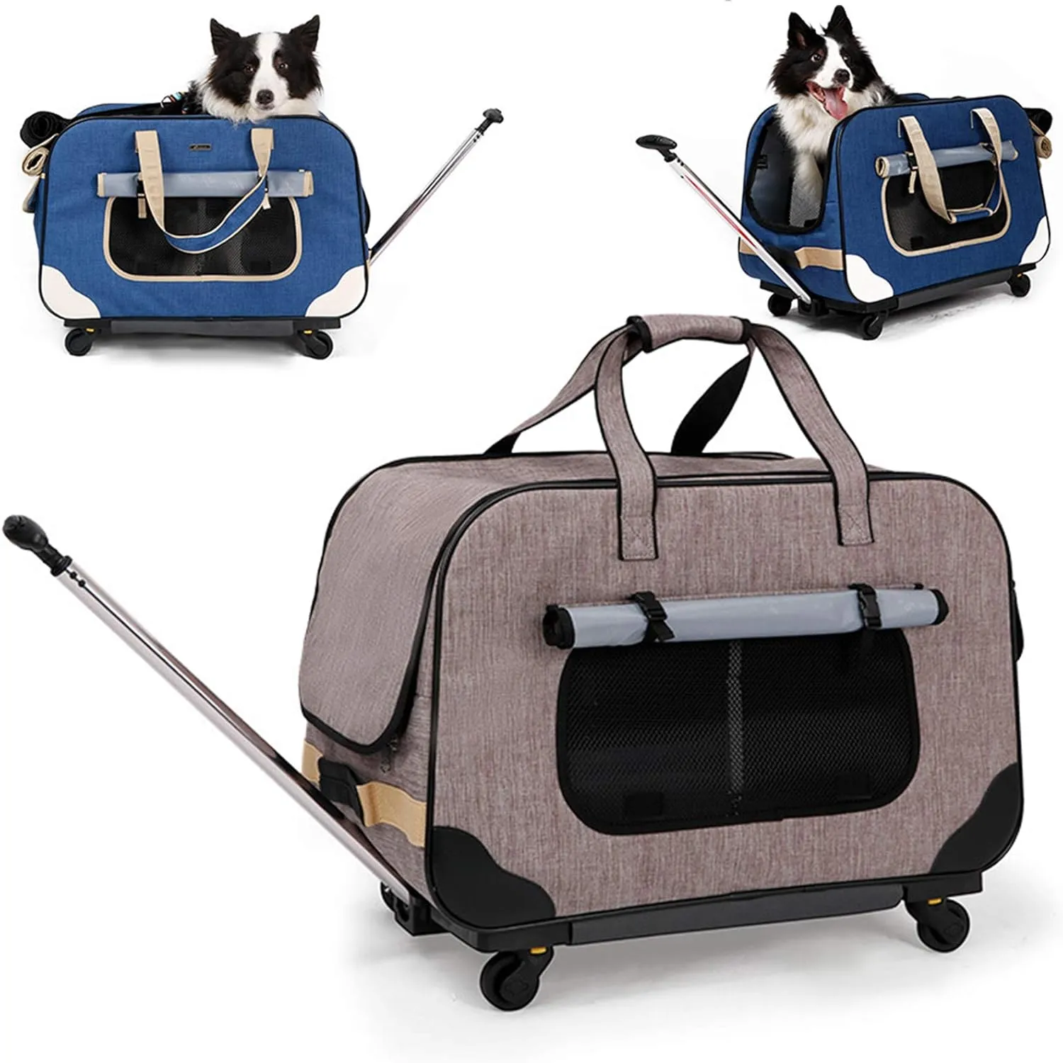Cat Wheel Dog Carrier Rolling Pet Carrier with Removable Wheeled Luggage Bag,Portable Collapsible Travel Carry Crate with Durable Mesh Panels and Telescopic Walking Handle