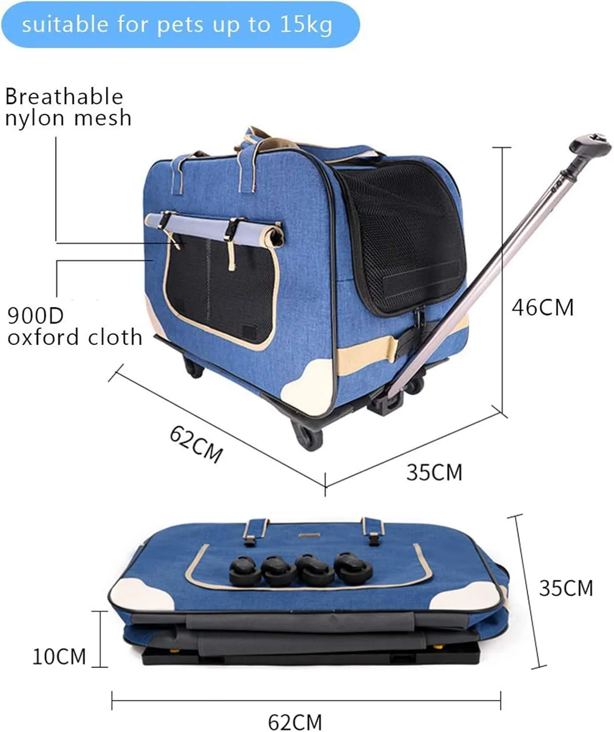 Cat Wheel Dog Carrier Rolling Pet Carrier with Removable Wheeled Luggage Bag,Portable Collapsible Travel Carry Crate with Durable Mesh Panels and Telescopic Walking Handle