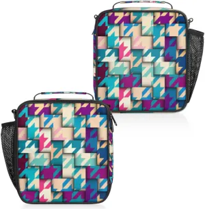 Ceometric Insulated Lunch Bag Reusable Waterproofing Lunch Box with Shoulder Strap Handle and Water Bottle Net Bag for Travel Camping Beach Picnic