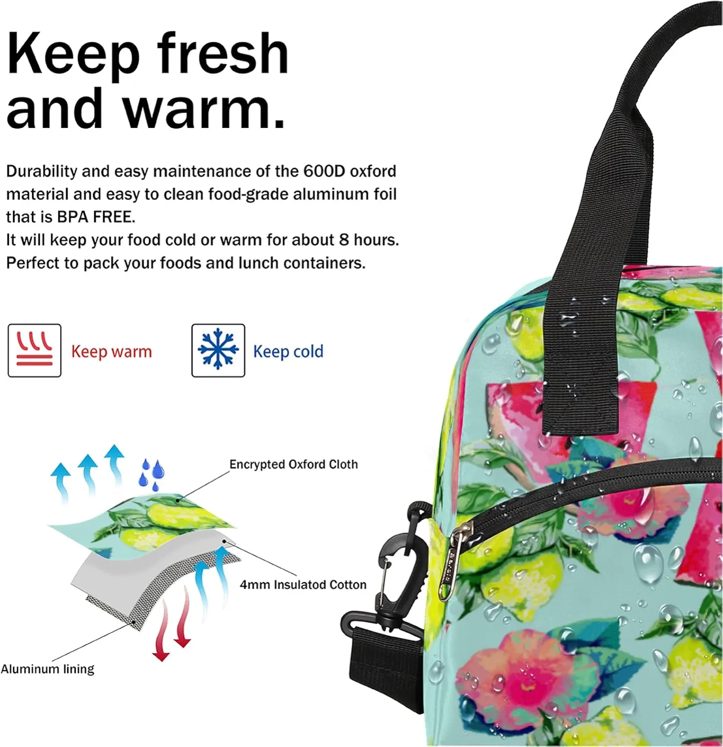 cfpolar Insulated Lunch Bag Fruit Lemon Watermelon Lunch Box Reusable Leakproof Meal Prep Lunch Bag Cooler Tote Bag with Removable Adjustable Shoulder Strap for Women Men Travel Picnic Work School