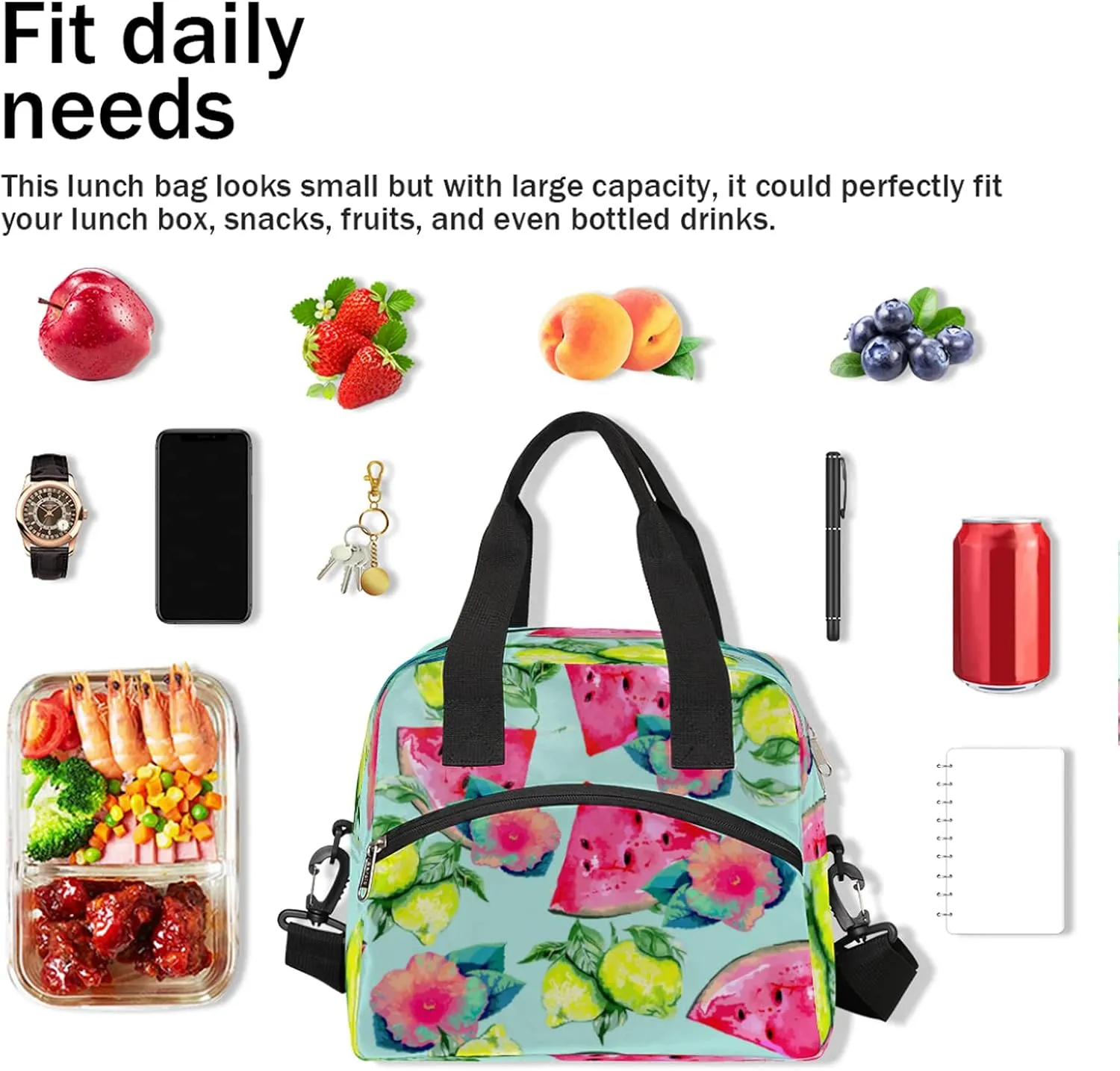 cfpolar Insulated Lunch Bag Fruit Lemon Watermelon Lunch Box Reusable Leakproof Meal Prep Lunch Bag Cooler Tote Bag with Removable Adjustable Shoulder Strap for Women Men Travel Picnic Work School