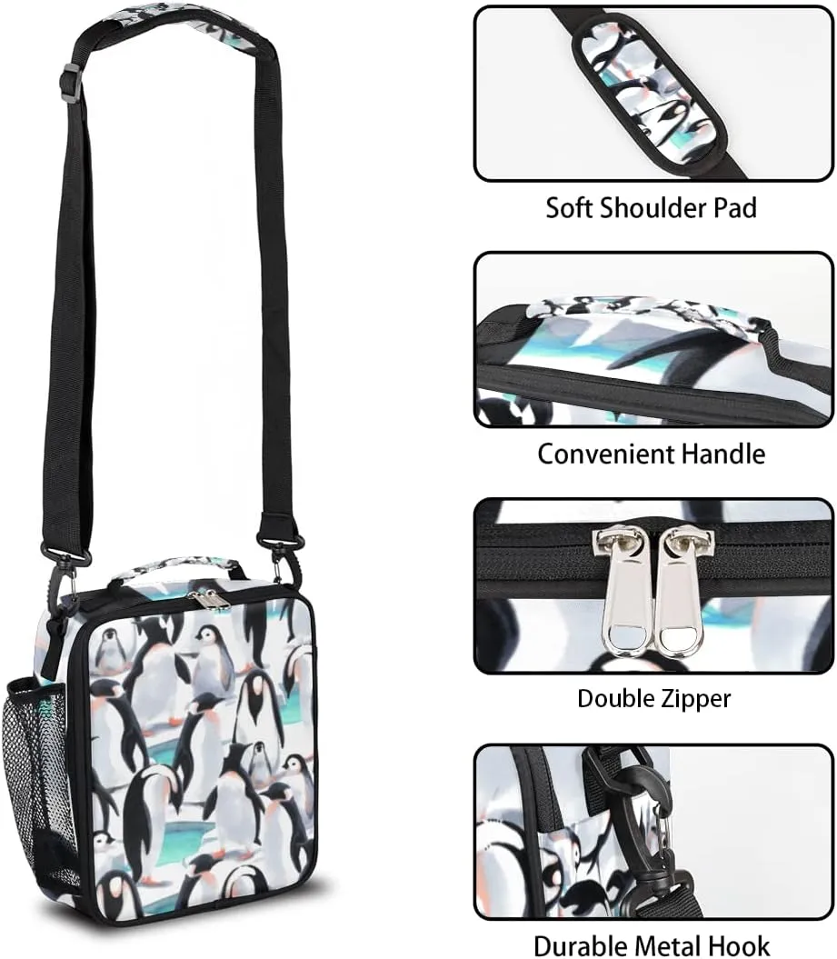 cfpolar Kids Penguin Lunch Bag, Reusable Insulated Lunch Box with Shoulder Strap, Thermal Cooler Lunch Tote, Leakproof, Multicolor, Animal Pattern