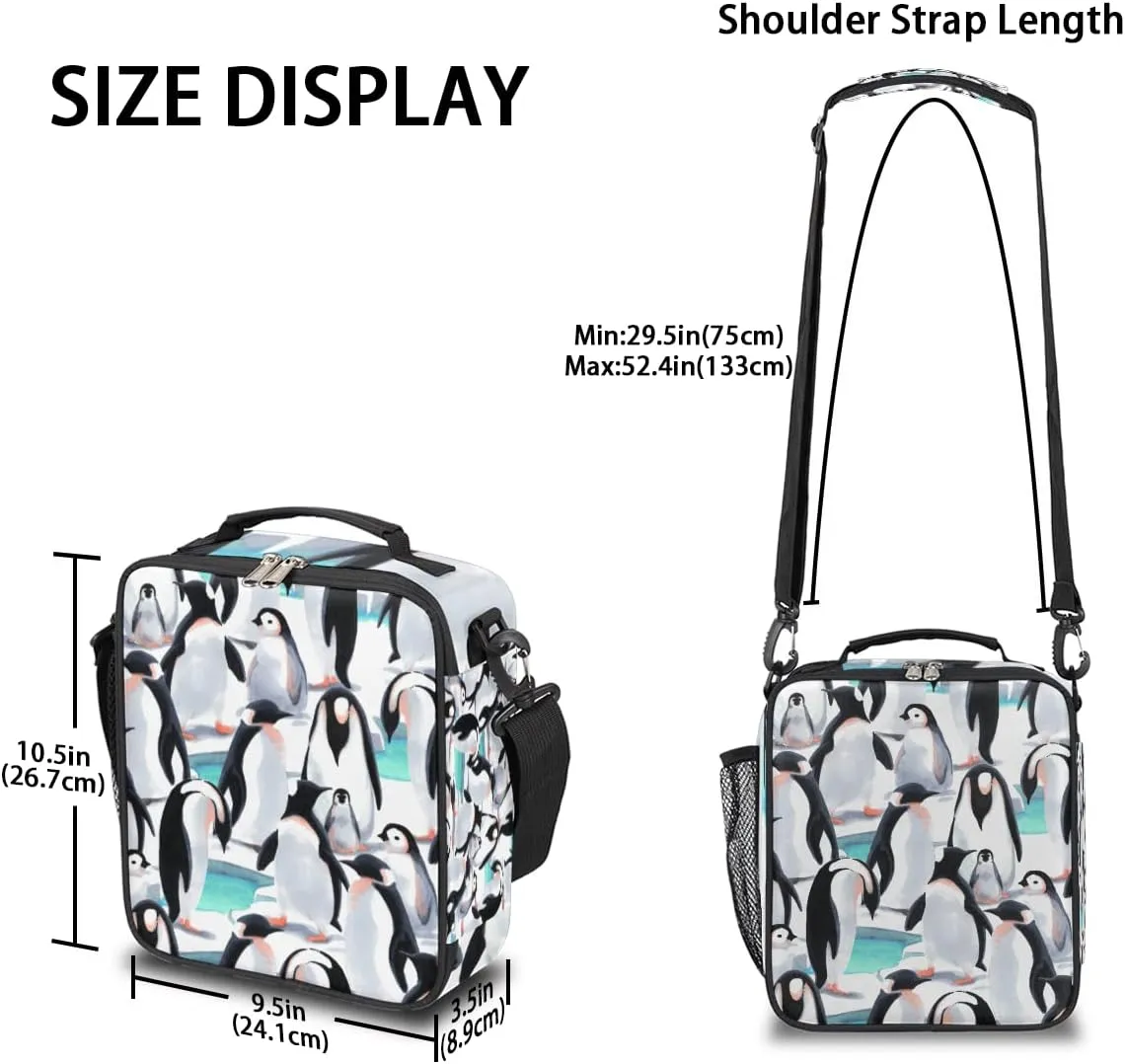 cfpolar Kids Penguin Lunch Bag, Reusable Insulated Lunch Box with Shoulder Strap, Thermal Cooler Lunch Tote, Leakproof, Multicolor, Animal Pattern