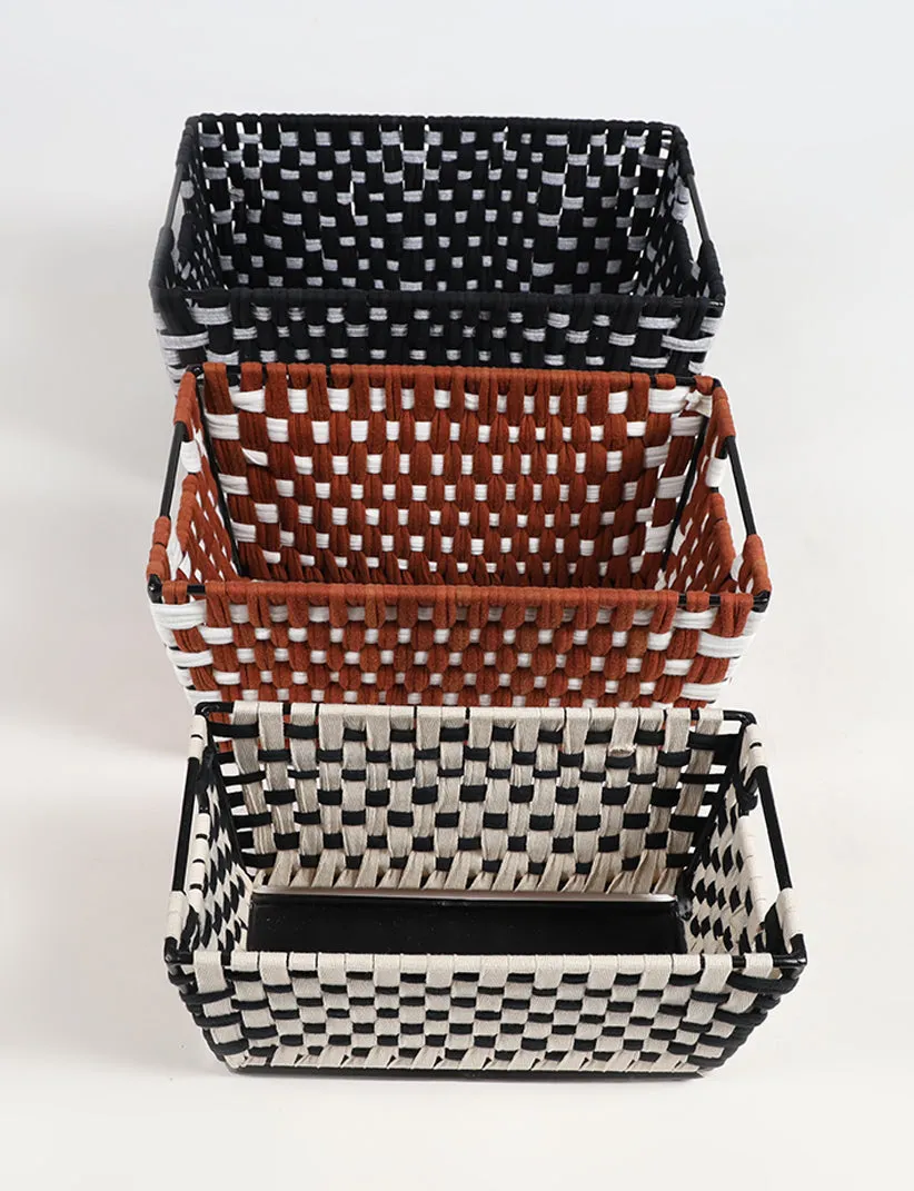 Chequered Plain Woven Iron Storage Baskets (Set of 3)