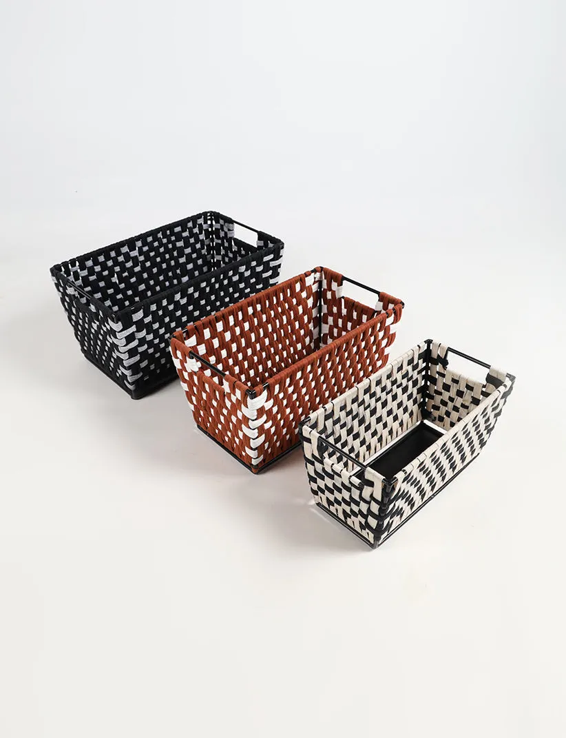 Chequered Plain Woven Iron Storage Baskets (Set of 3)