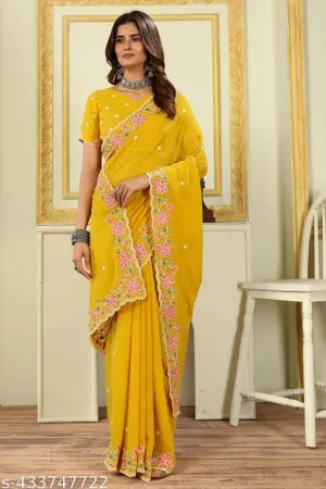 Chhelaji PartyFestivalOccasion Wear Georgette Yellow Embroidered border Saree and Unstitched Blouse piece