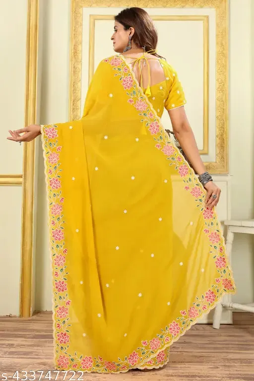 Chhelaji PartyFestivalOccasion Wear Georgette Yellow Embroidered border Saree and Unstitched Blouse piece
