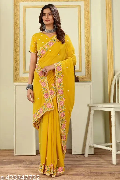 Chhelaji PartyFestivalOccasion Wear Georgette Yellow Embroidered border Saree and Unstitched Blouse piece
