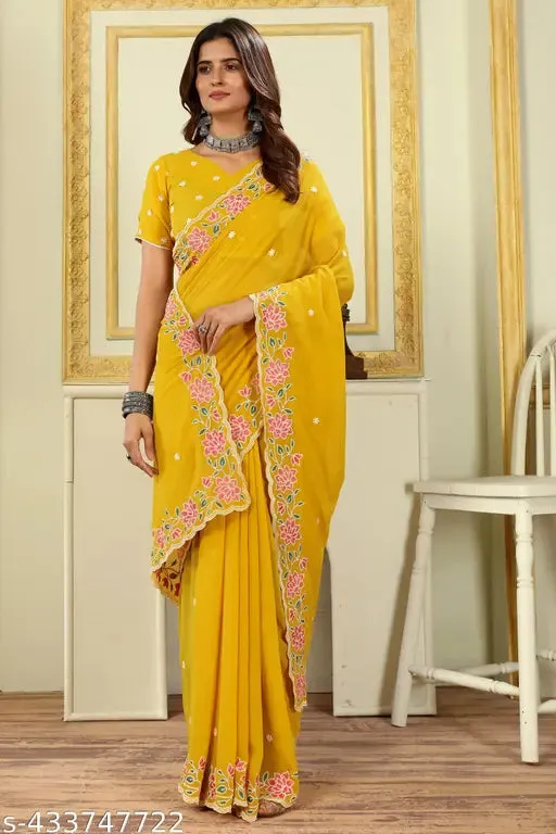 Chhelaji PartyFestivalOccasion Wear Georgette Yellow Embroidered border Saree and Unstitched Blouse piece