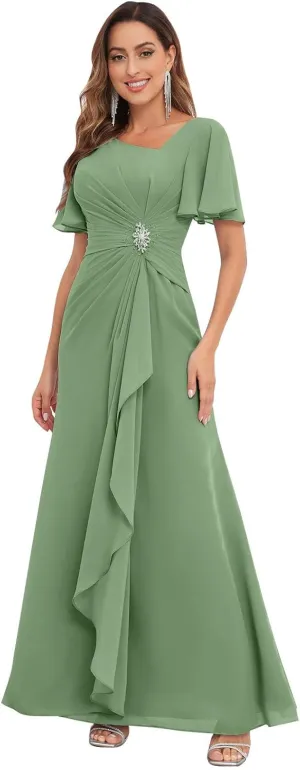 Chiffon Mother of The Bride Dresses with Sleeves V Neck Ruffles Beaded A Line Long Formal Wedding Guest Dress