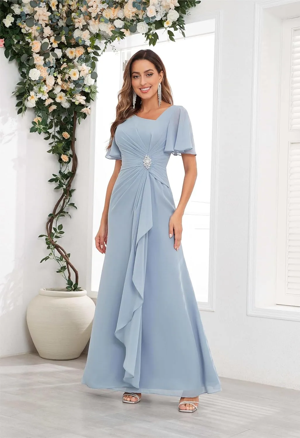 Chiffon Mother of The Bride Dresses with Sleeves V Neck Ruffles Beaded A Line Long Formal Wedding Guest Dress