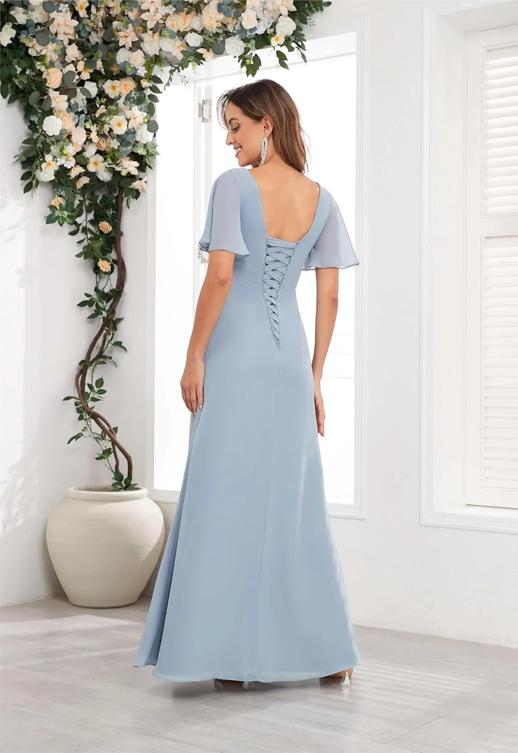 Chiffon Mother of The Bride Dresses with Sleeves V Neck Ruffles Beaded A Line Long Formal Wedding Guest Dress