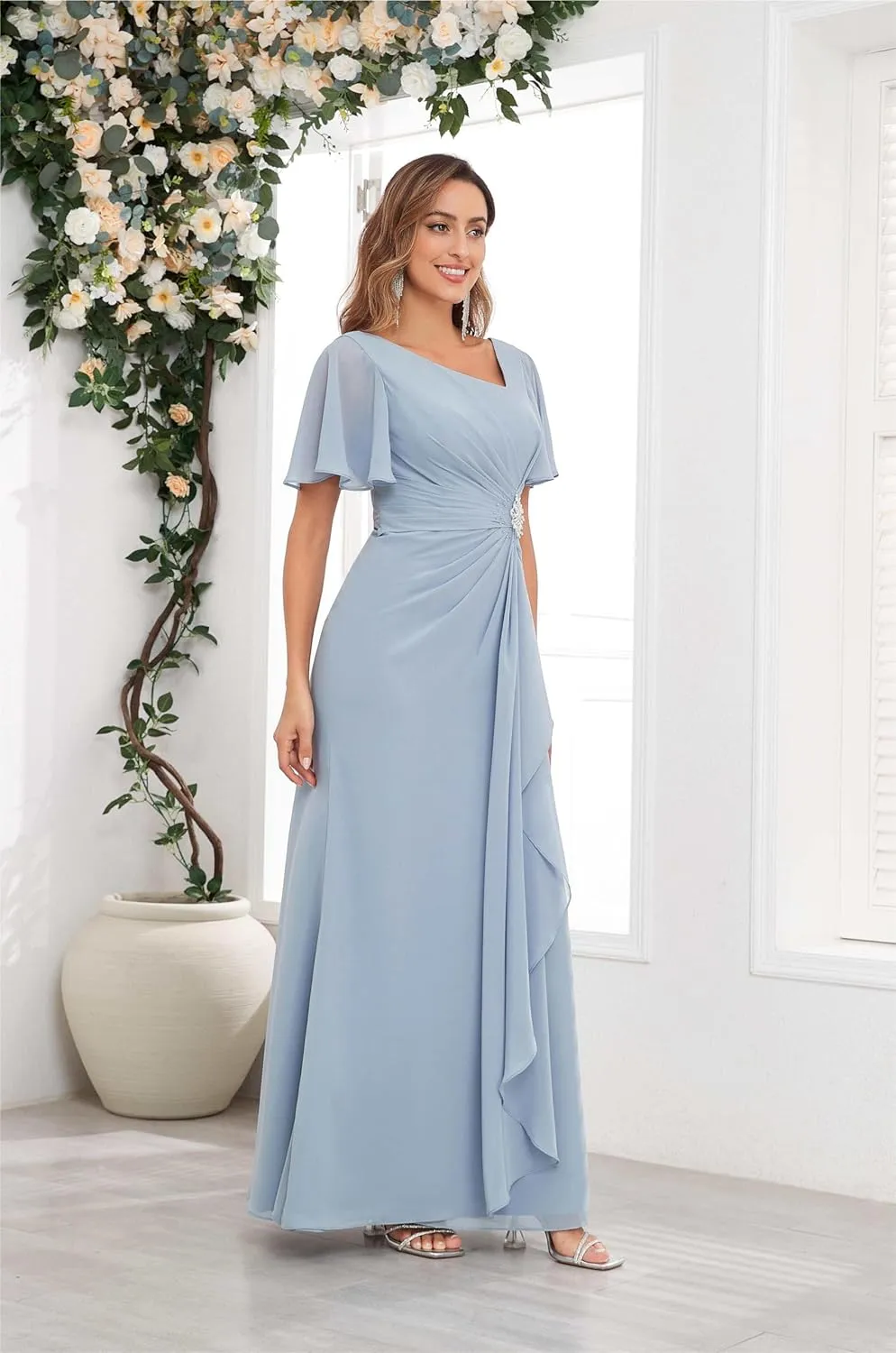 Chiffon Mother of The Bride Dresses with Sleeves V Neck Ruffles Beaded A Line Long Formal Wedding Guest Dress