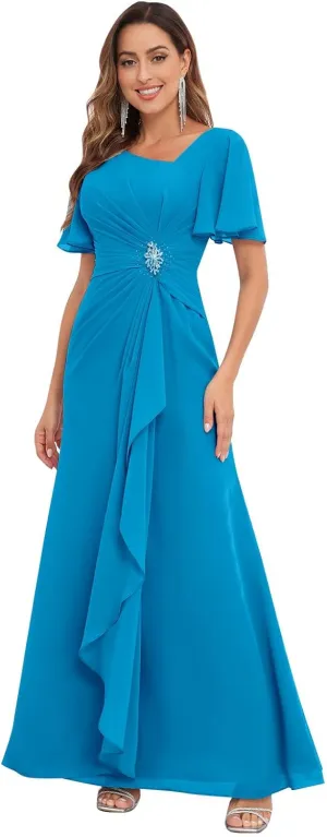 Chiffon Mother of The Bride Dresses with Sleeves V Neck Ruffles Beaded A Line Long Formal Wedding Guest Dress