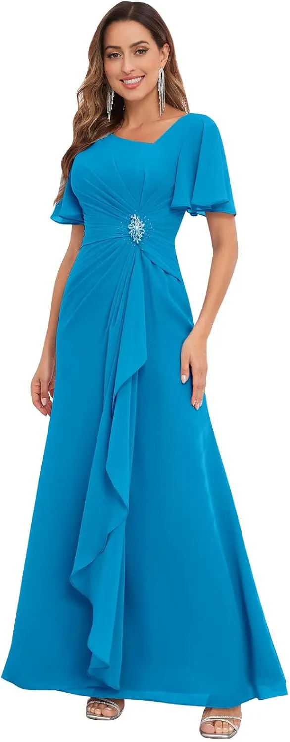 Chiffon Mother of The Bride Dresses with Sleeves V Neck Ruffles Beaded A Line Long Formal Wedding Guest Dress