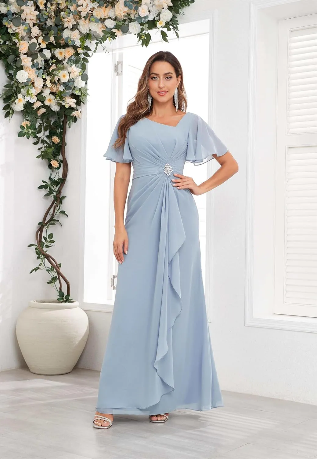 Chiffon Mother of The Bride Dresses with Sleeves V Neck Ruffles Beaded A Line Long Formal Wedding Guest Dress