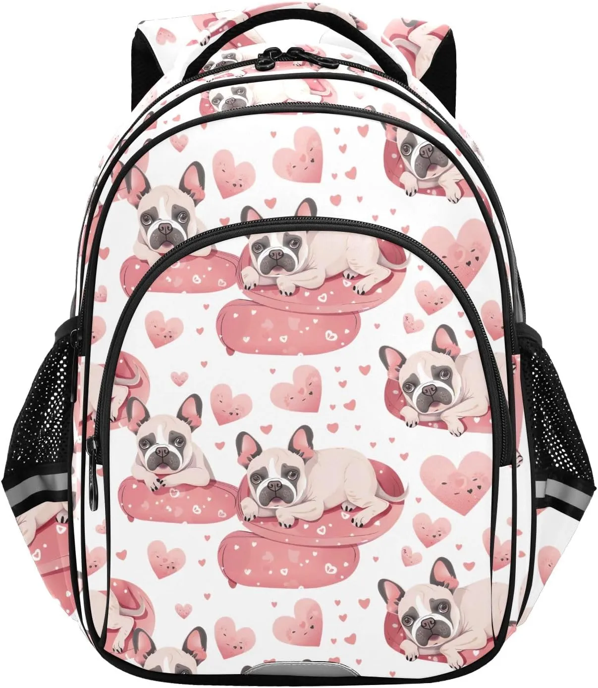 CHIFIGNO Cute French Bulldogs Pink Hearts Backpack for School with Reflective Stripes Boys Girls Bookbag Child Backpack School Bags