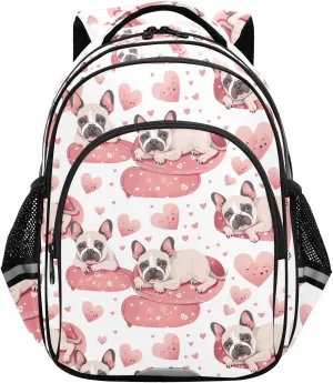 CHIFIGNO Cute French Bulldogs Pink Hearts Backpack for School with Reflective Stripes Boys Girls Bookbag Child Backpack School Bags