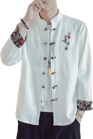 Chinese Traditional Clothing Retro Style Embroidered Men's Text Shirt Tang Suit Hanfu Lay Buddhist Zen Clothes Top