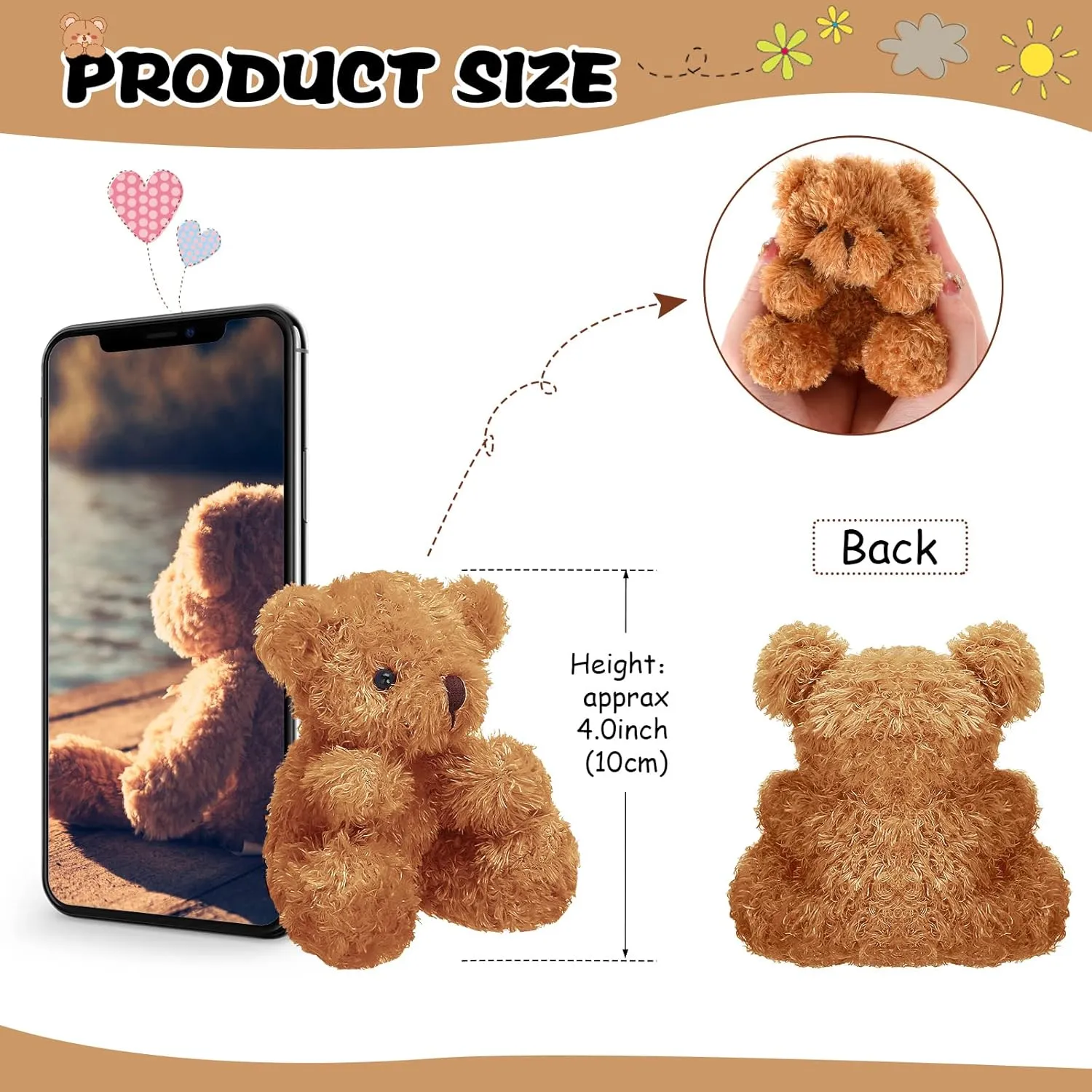 Chivao 20 Pcs Mini Plush Bears 4'' Small Bear Bulk Stuffed Animal Toys Tiny Soft Bear Doll Present Stuffers for Baby Shower Favors Wedding Party(Brown)