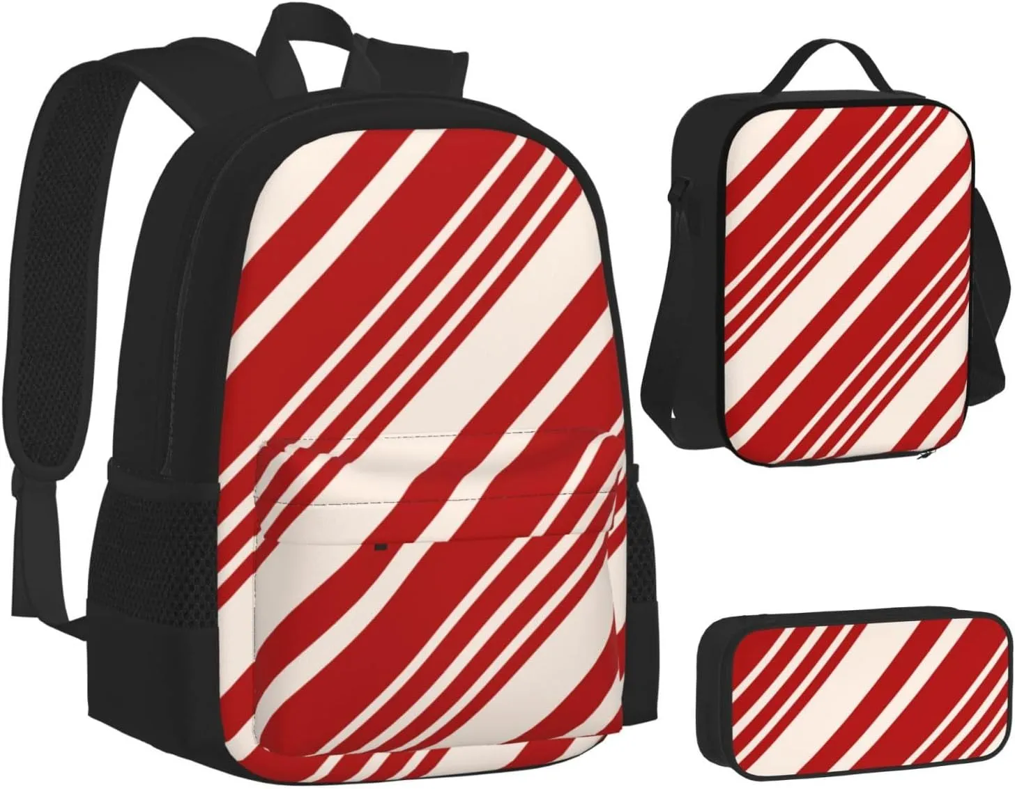 Christmas Candy Canes Multifunctional Pocket Backpack Crossbody Lunch Bag Pencil Case 3Pcs Set Large Capacity Backpack