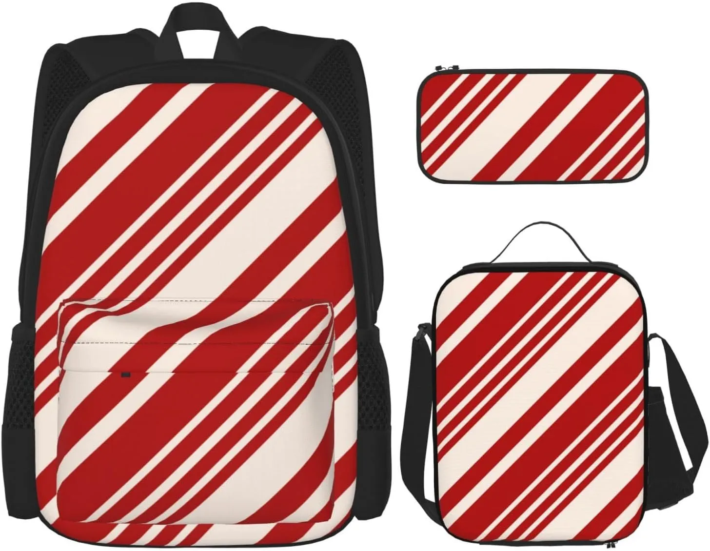 Christmas Candy Canes Multifunctional Pocket Backpack Crossbody Lunch Bag Pencil Case 3Pcs Set Large Capacity Backpack