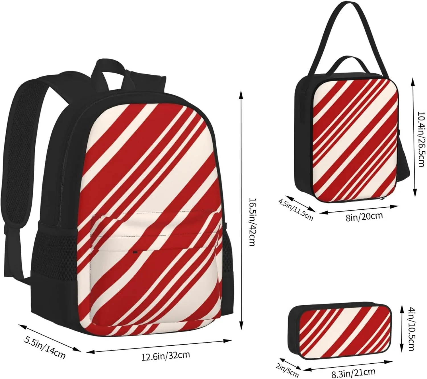 Christmas Candy Canes Multifunctional Pocket Backpack Crossbody Lunch Bag Pencil Case 3Pcs Set Large Capacity Backpack