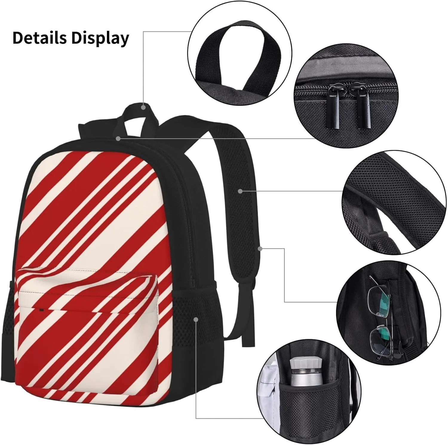 Christmas Candy Canes Multifunctional Pocket Backpack Crossbody Lunch Bag Pencil Case 3Pcs Set Large Capacity Backpack