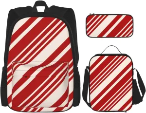 Christmas Candy Canes Multifunctional Pocket Backpack Crossbody Lunch Bag Pencil Case 3Pcs Set Large Capacity Backpack