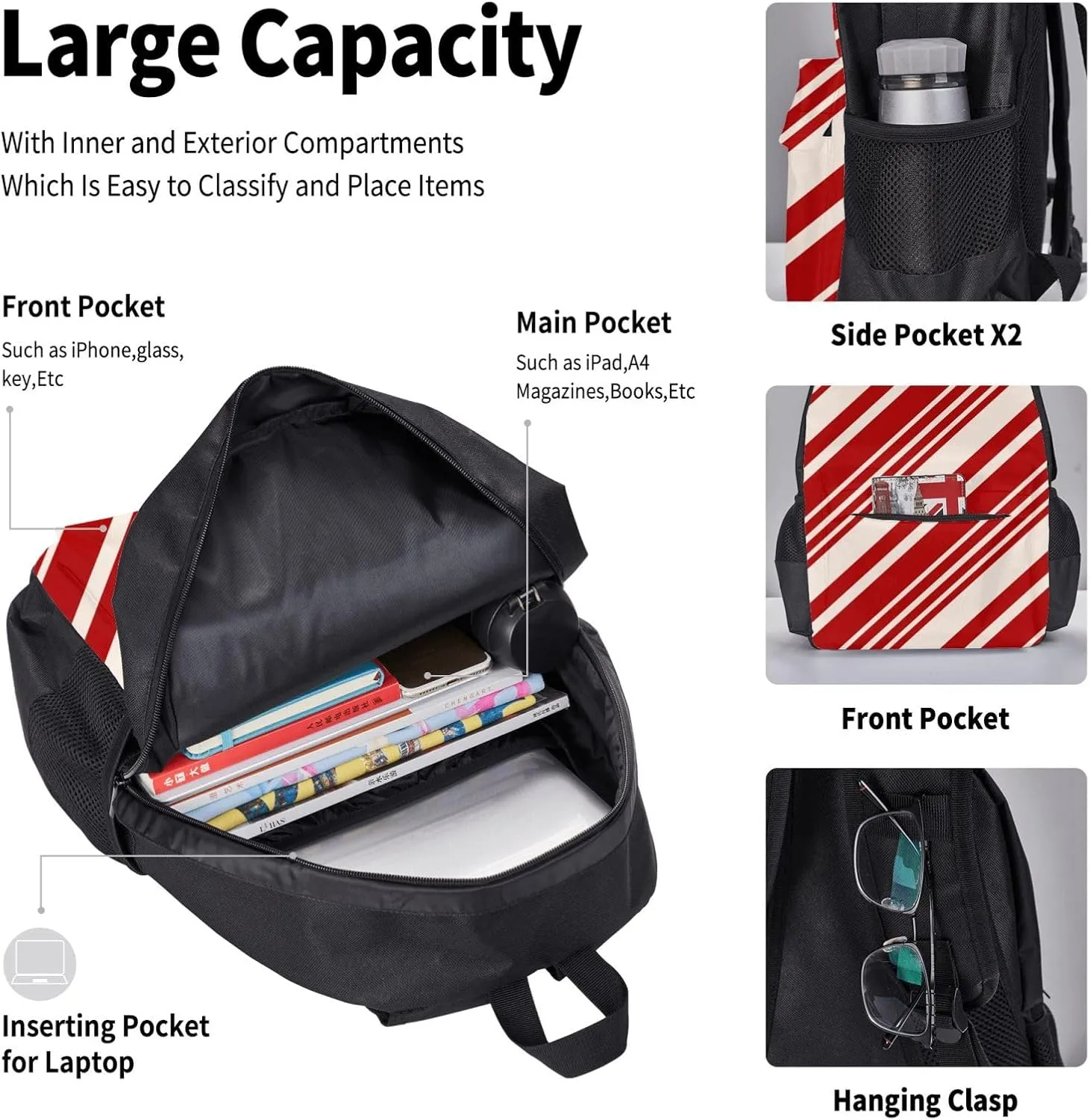 Christmas Candy Canes Multifunctional Pocket Backpack Crossbody Lunch Bag Pencil Case 3Pcs Set Large Capacity Backpack