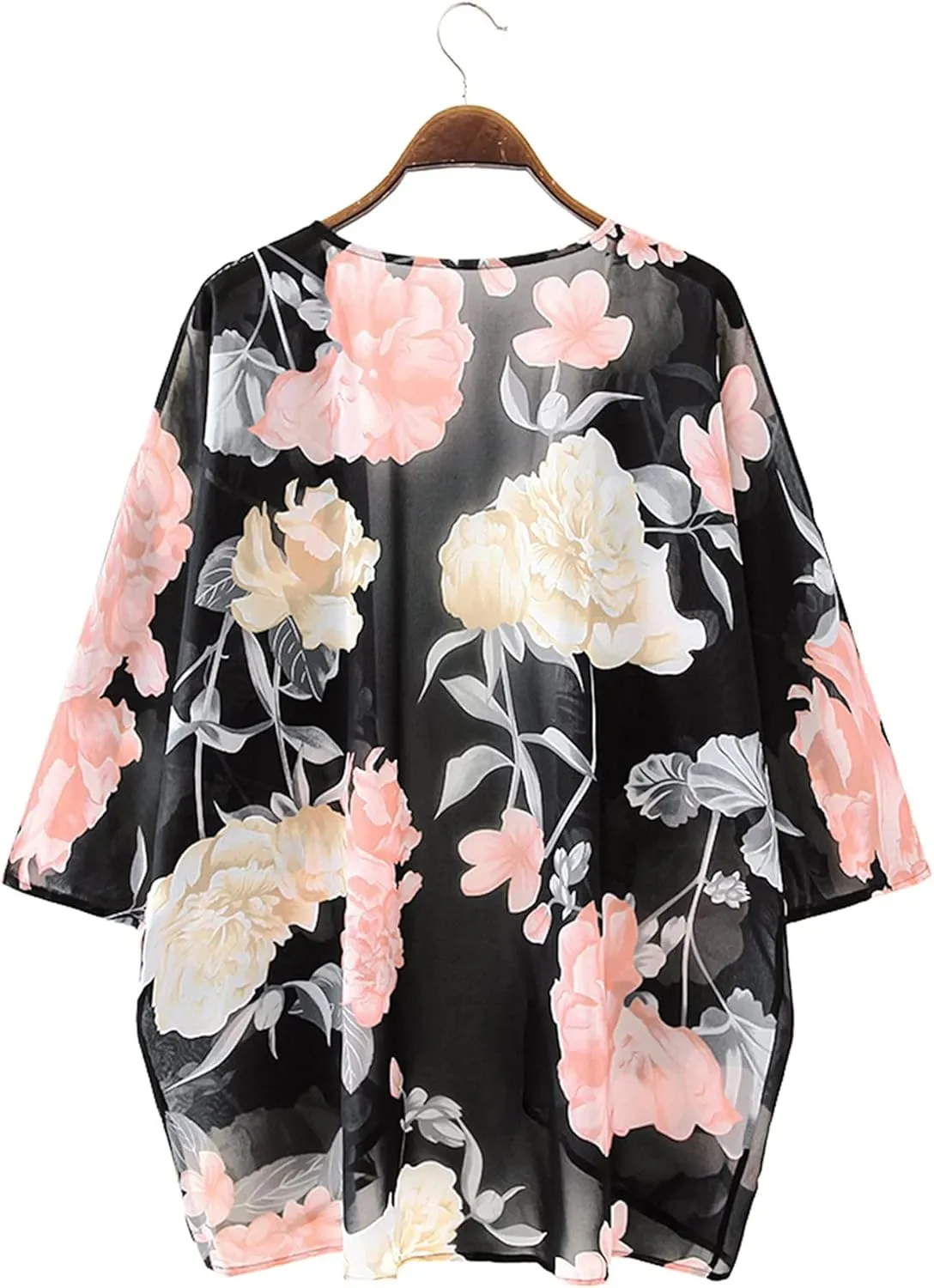 Chunoy Women Floral Print Lightweight Chiffon Kimono Cardigan Short Sleeve Loose Beach Wear Cover Up Blouse Top