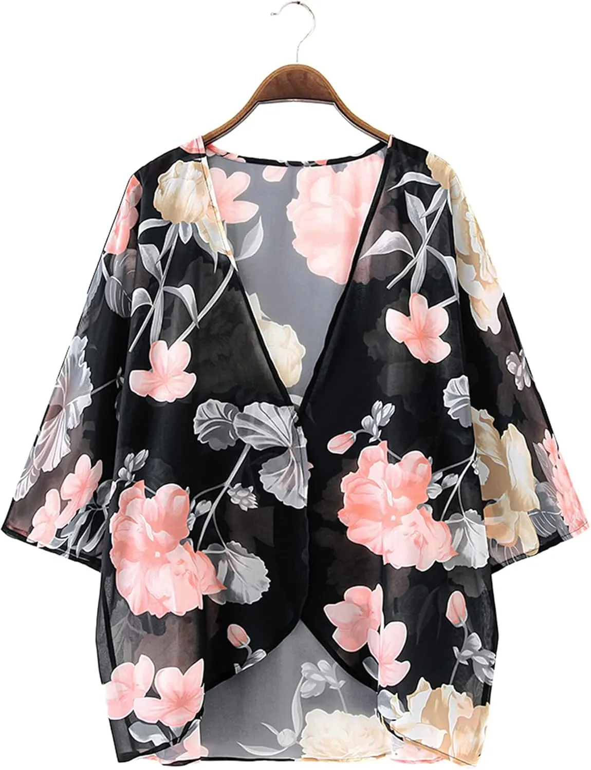 Chunoy Women Floral Print Lightweight Chiffon Kimono Cardigan Short Sleeve Loose Beach Wear Cover Up Blouse Top