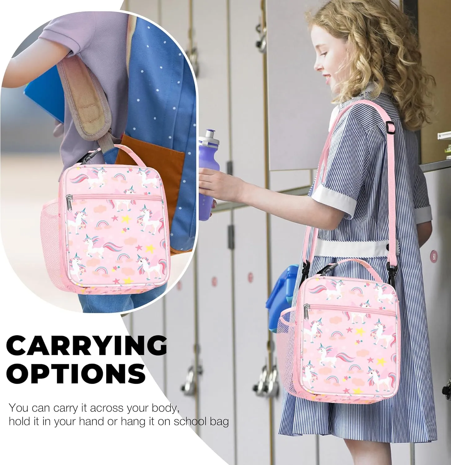 Clastyle Princess Insulated Kids Lunch Bag Large Thermal Cooler Bag for Girl Picnic School Lunch Box Tote,Pink Unicorn Star Rainbow