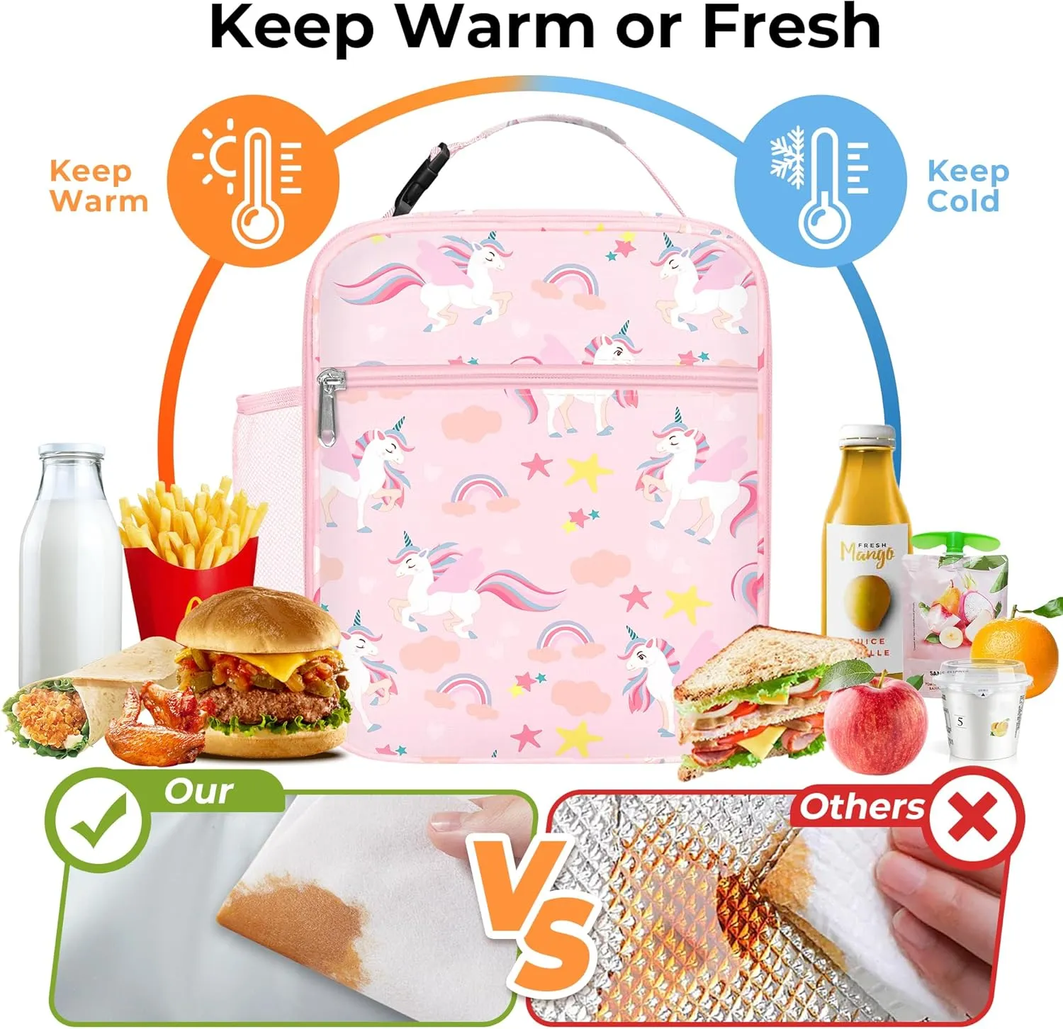 Clastyle Princess Insulated Kids Lunch Bag Large Thermal Cooler Bag for Girl Picnic School Lunch Box Tote,Pink Unicorn Star Rainbow
