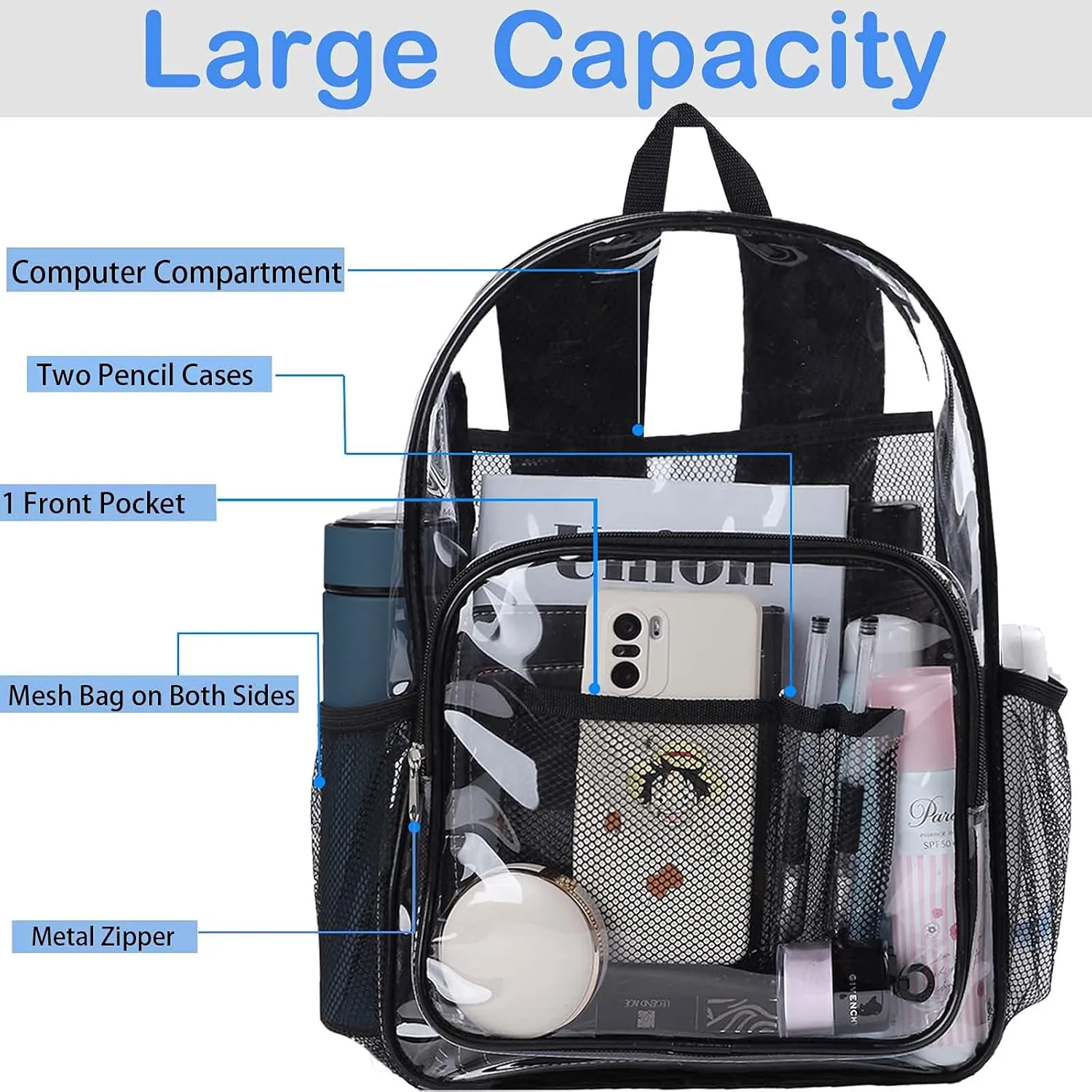 Clear Backpack Heavy Duty Pvc Bookbag for School - See Through Transparent Stadium Approved Backpacks for Women Concert Sport Venues Work Travel,Black