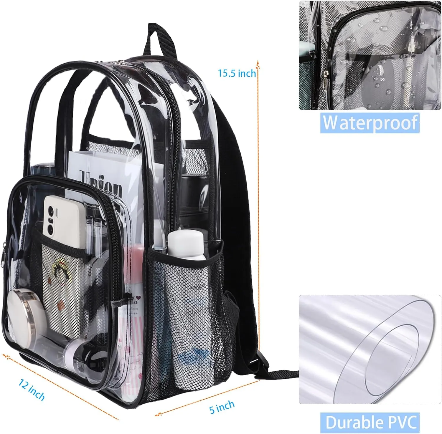 Clear Backpack Heavy Duty Pvc Bookbag for School - See Through Transparent Stadium Approved Backpacks for Women Concert Sport Venues Work Travel,Black