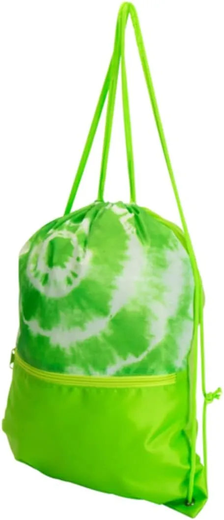 Closeout Services Corp. Wholesale Bulk Lot of 30 Vibrant Tie-Dyed Polyester Cinch Sack Backpacks, Open Cargo Design with Durable Rope Straps for Gym, Travel, and Events - Lime Green
