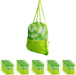 Closeout Services Corp. Wholesale Bulk Lot of 30 Vibrant Tie-Dyed Polyester Cinch Sack Backpacks, Open Cargo Design with Durable Rope Straps for Gym, Travel, and Events - Lime Green